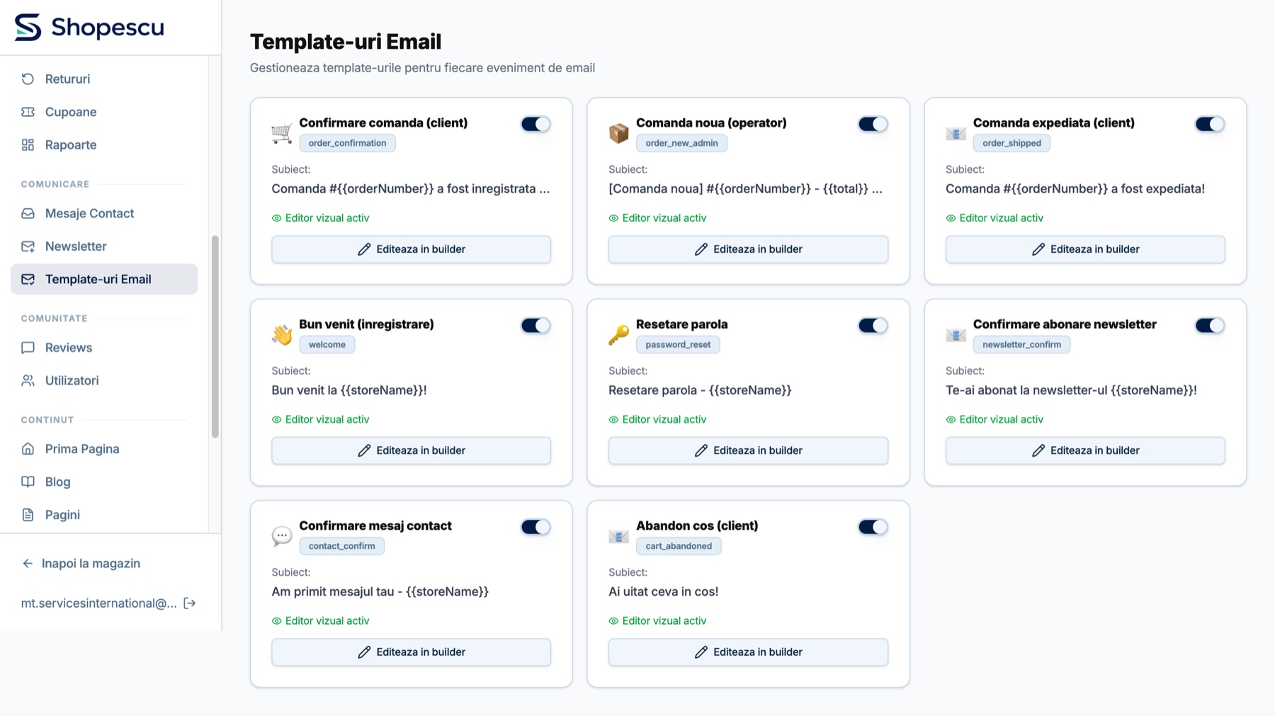 Email builder în platforma Shopescu