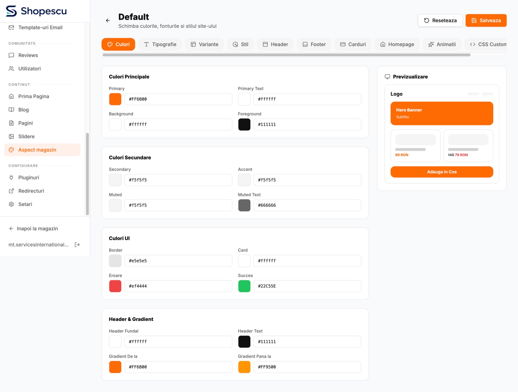 Theme customizer în platforma Shopescu